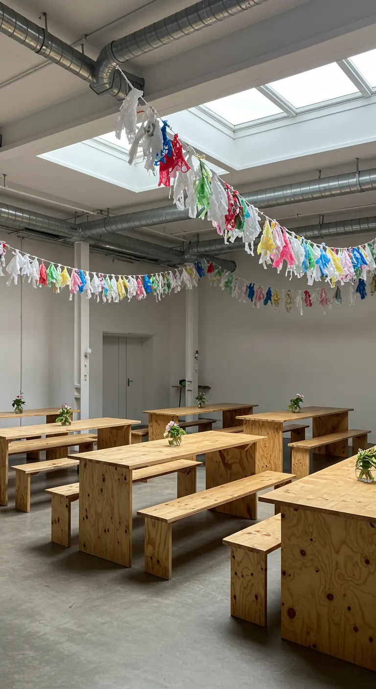 Longues guirlandes faites de sacs en plastique noués de différentes couleurs dans un espace événementiel.