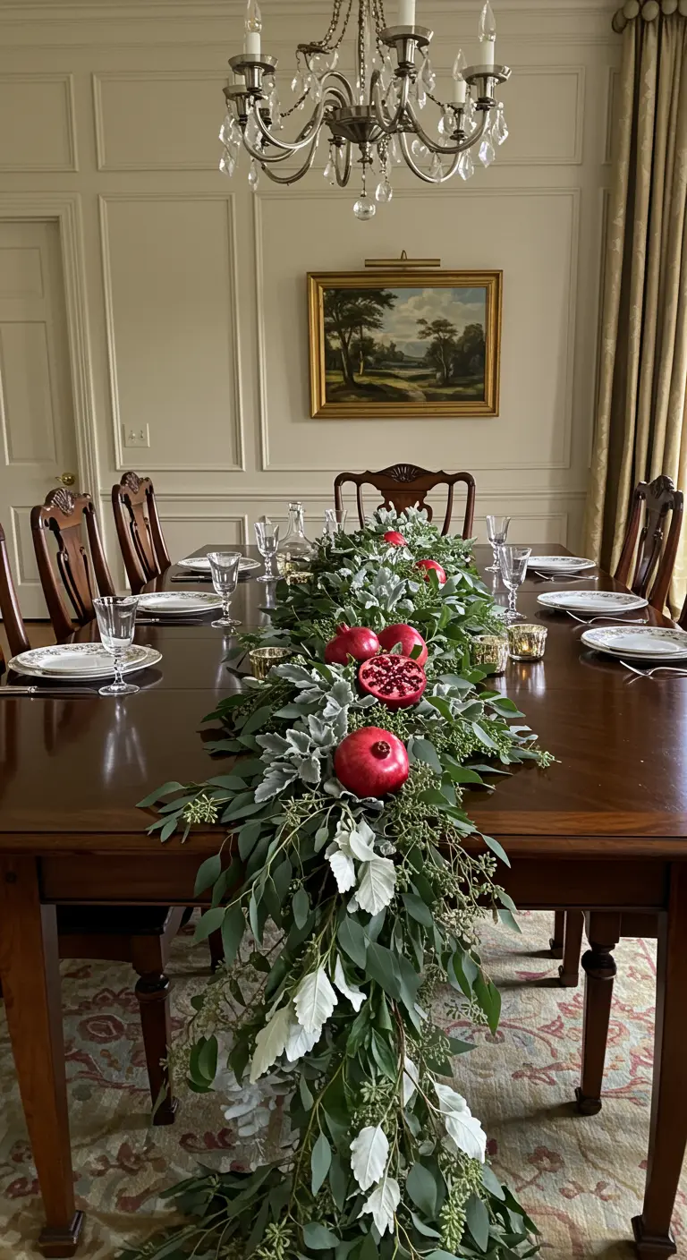 Un long chemin de table fait de feuillage vert et argenté, ponctué de grenades rouges.