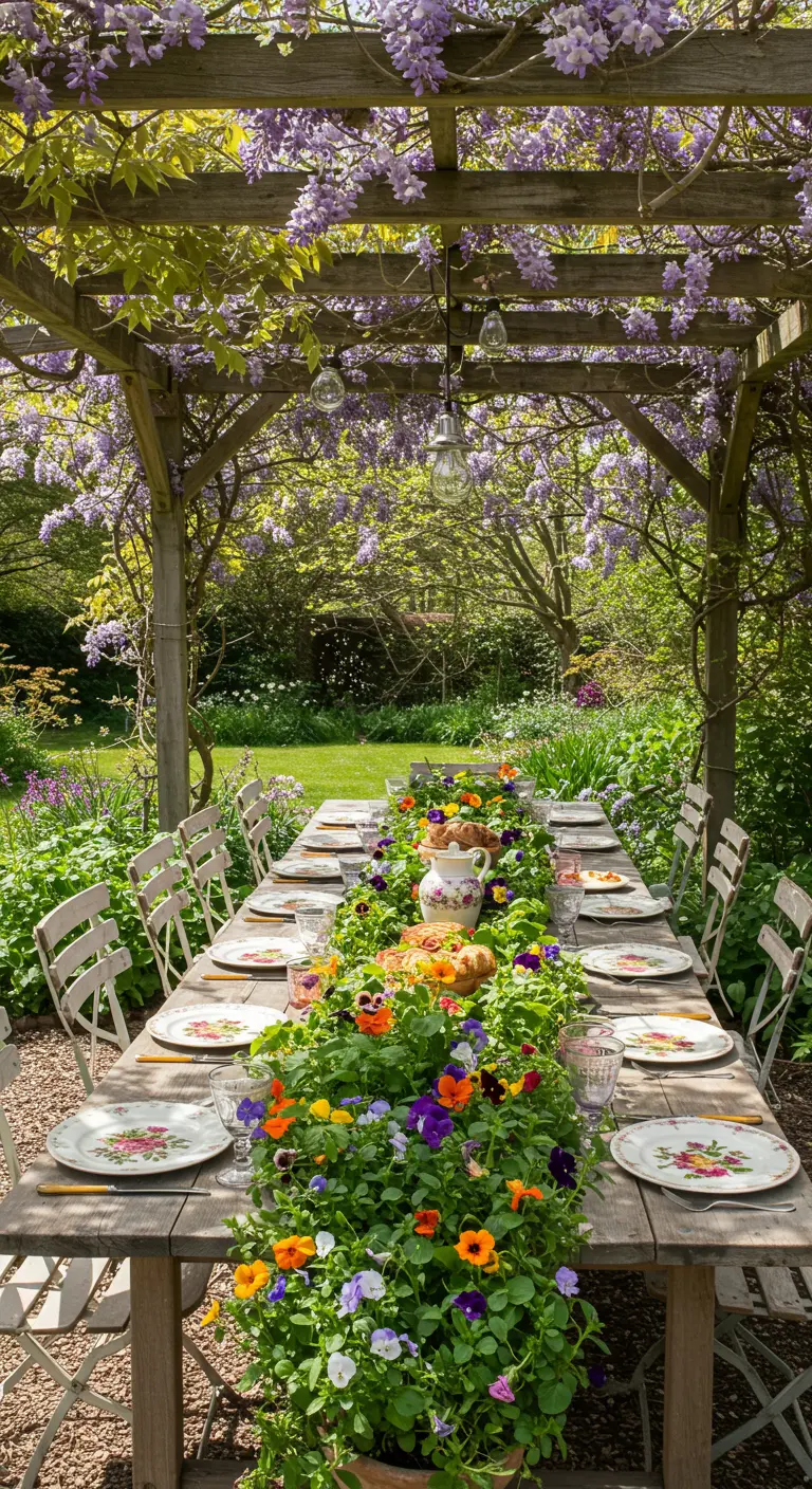 Longue table de jardin sous une pergola de glycine, avec un chemin de table fait de fleurs de pensées.