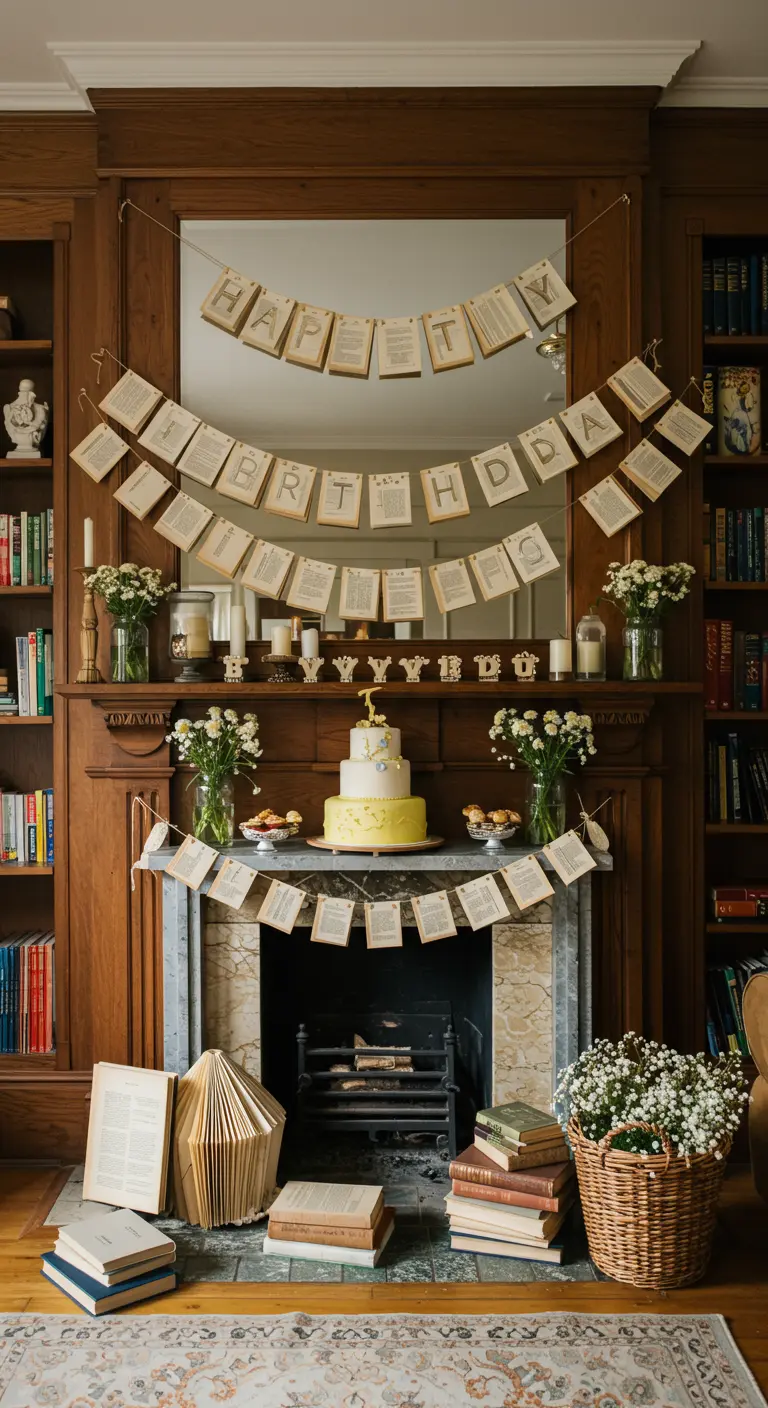 Une guirlande 'Happy Birthday' faite avec des pages de livre, suspendue à une cheminée.