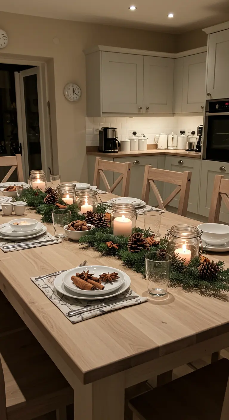 Guirlande de verdure et pommes de pin avec des bougies dans des bocaux en verre.