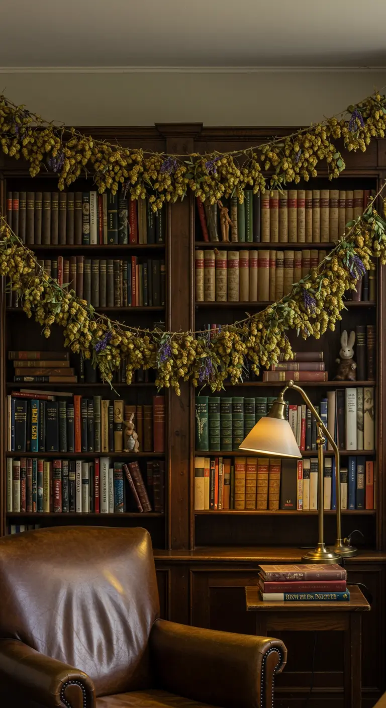 Une guirlande de houblon séché drapée sur une grande bibliothèque en bois.