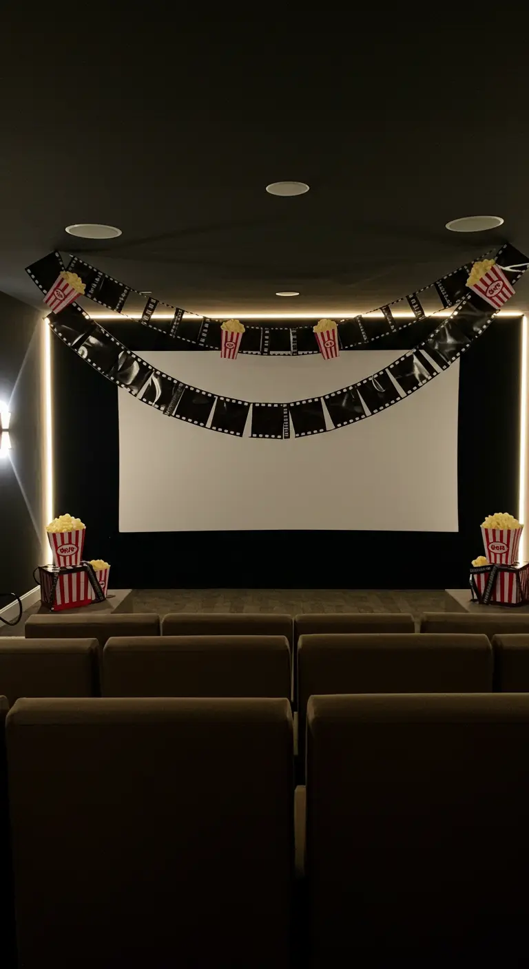 Guirlande en forme de pellicule de film avec des motifs de pop-corn au-dessus d'un écran de cinéma maison.
