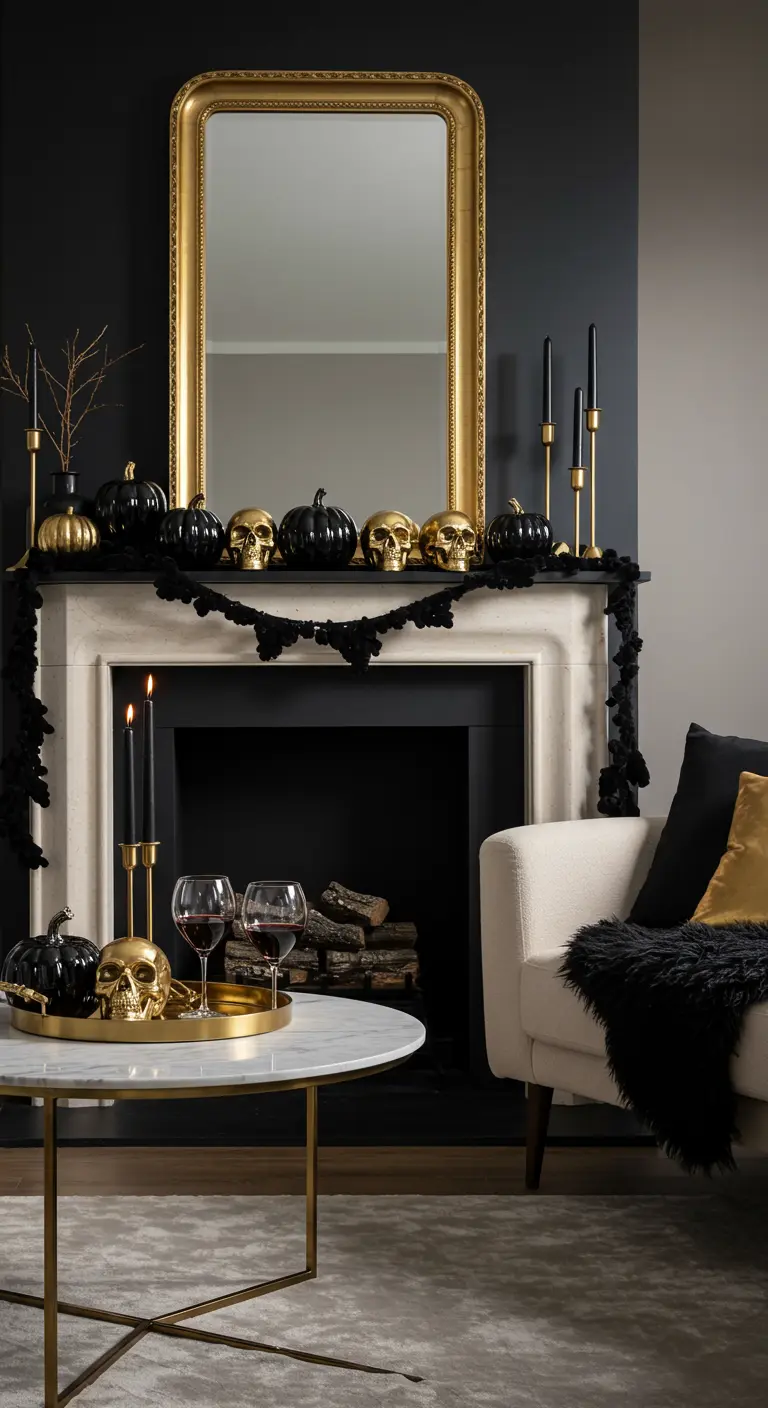Décoration de cheminée chic pour Halloween en noir et or, avec crânes et citrouilles dorés.