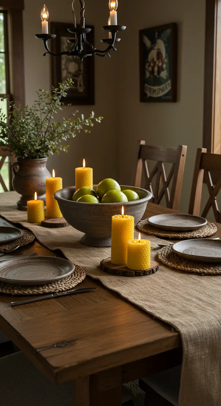 Table rustique avec des bougies en cire d'abeille et un bol de pommes vertes.