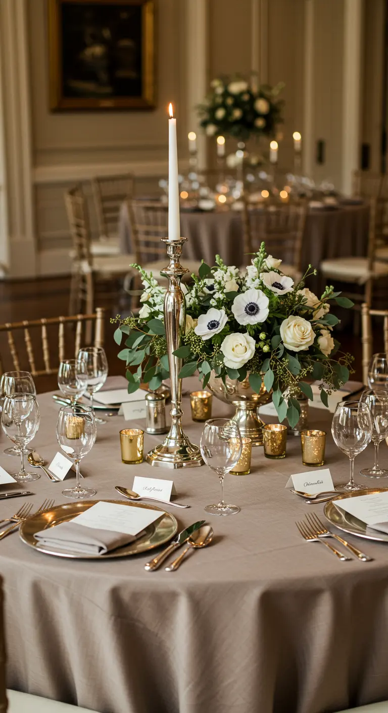 Table de réception élégante avec des fleurs blanches et un candélabre argenté.