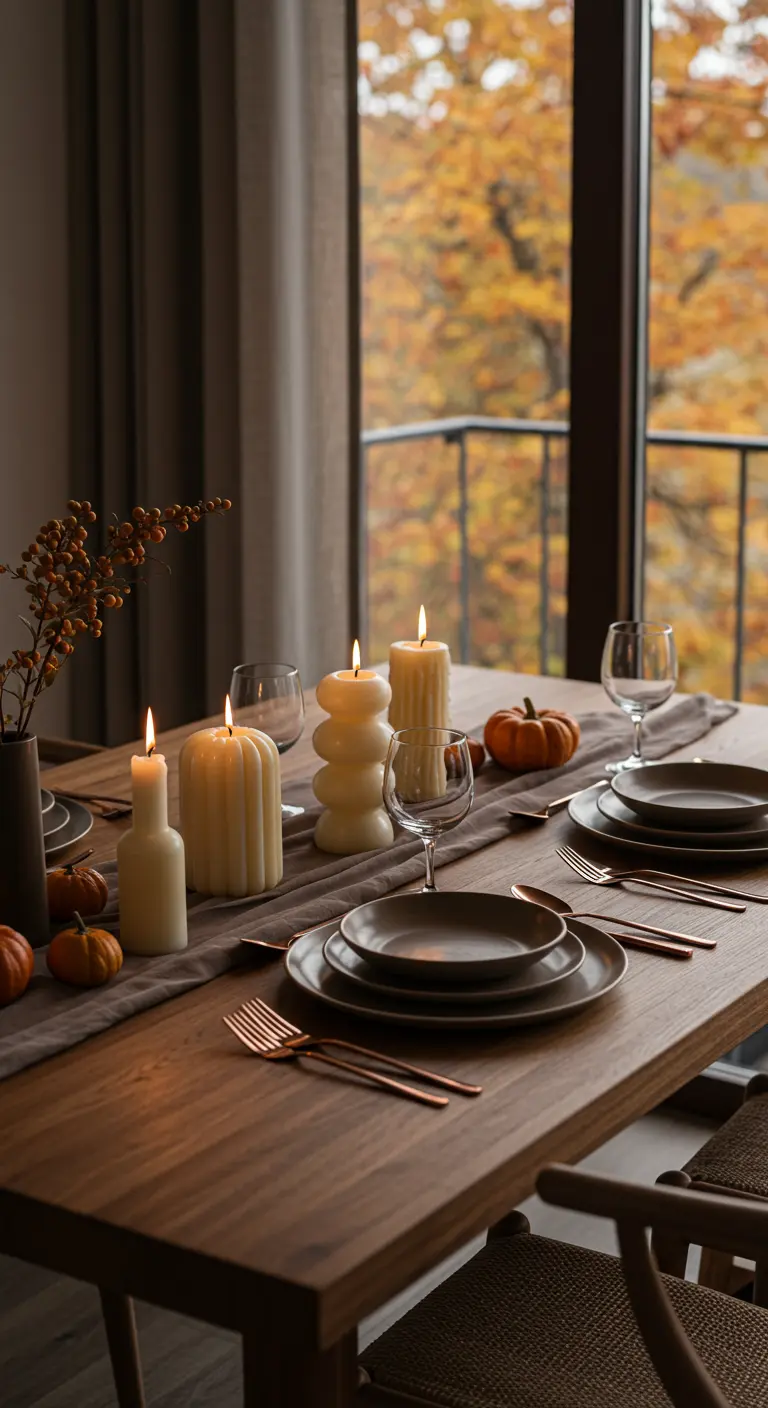 Table d'automne avec une variété de bougies sculpturales de couleur crème et des citrouilles.