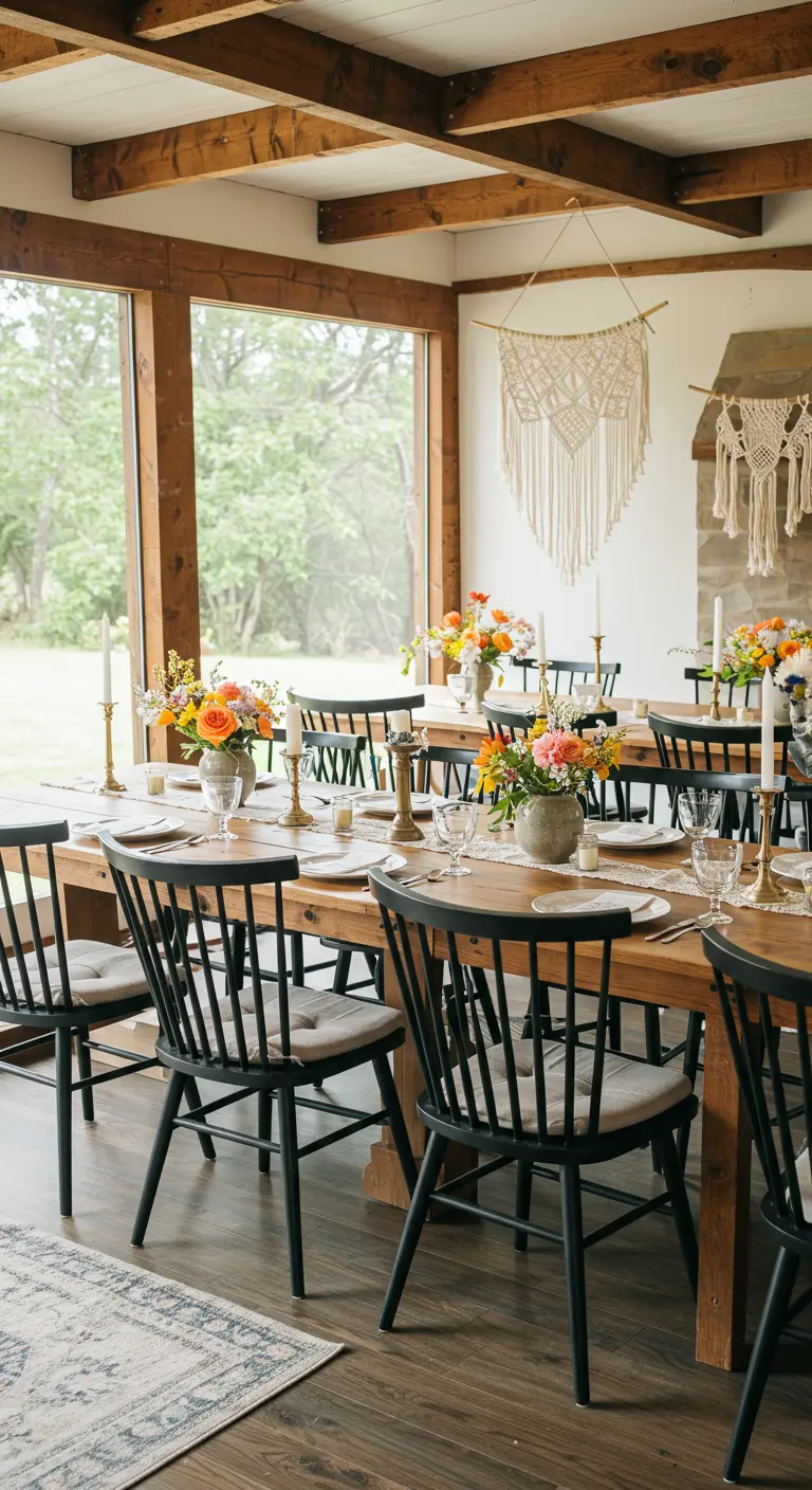 Table de fête rustique avec des chaises Windsor noires et un décor minimaliste.