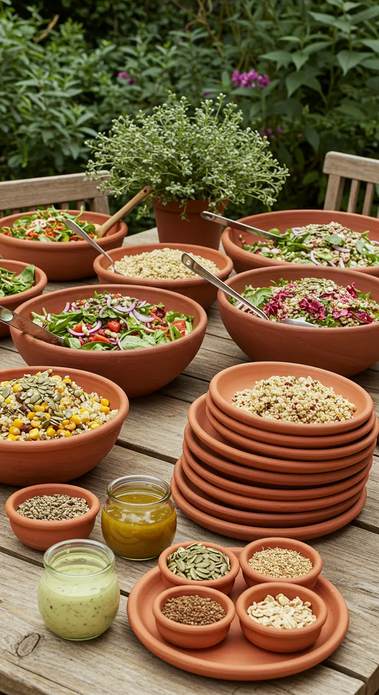 Bar à salades avec une multitude de bols et d'assiettes en terre cuite.