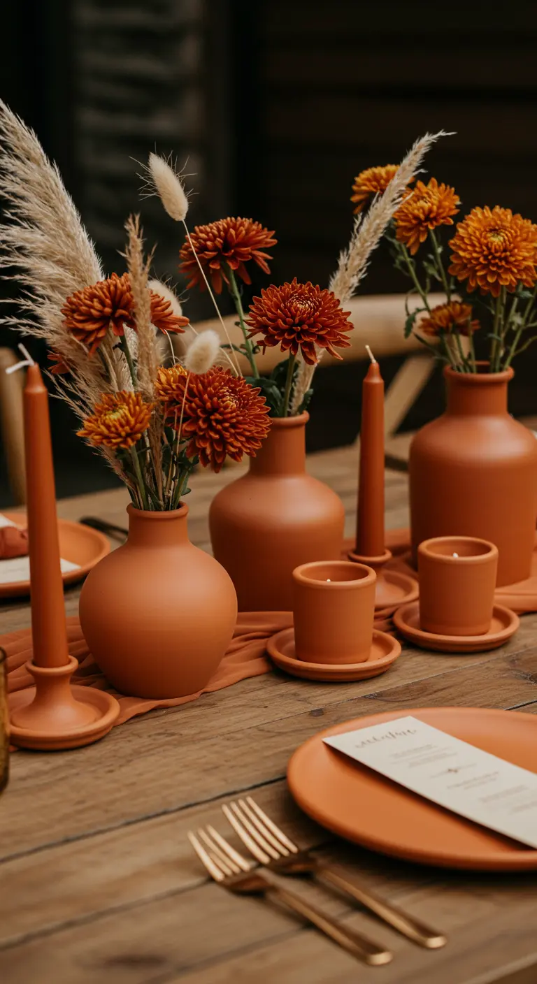 Décoration de table monochrome avec des vases et bougeoirs en terre cuite et des fleurs oranges.