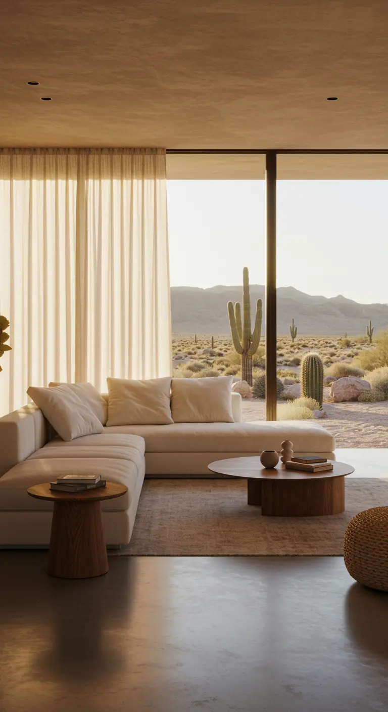Salon avec vue sur le désert, canapé blanc et rideaux couleur lin
