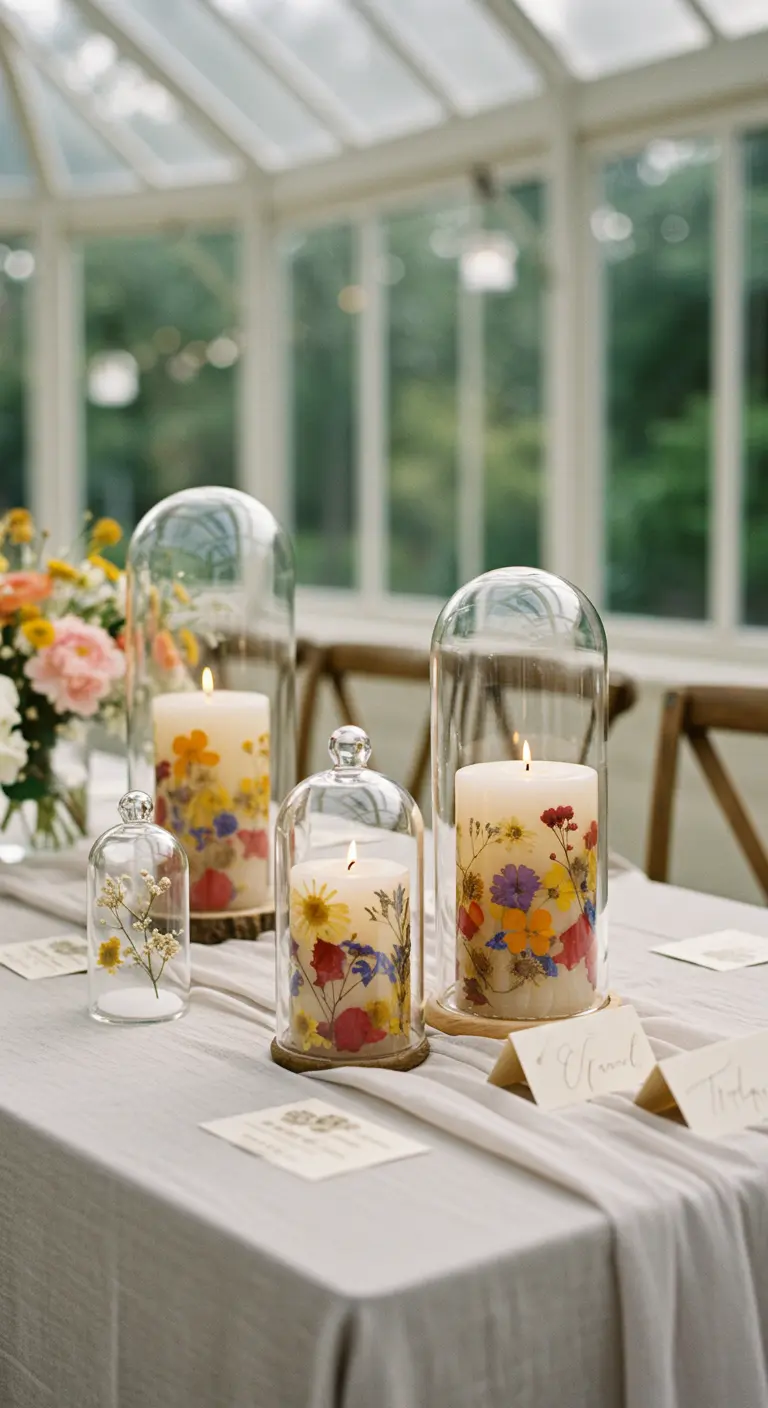 Bougies décorées de fleurs séchées pressées, présentées sous des cloches en verre.