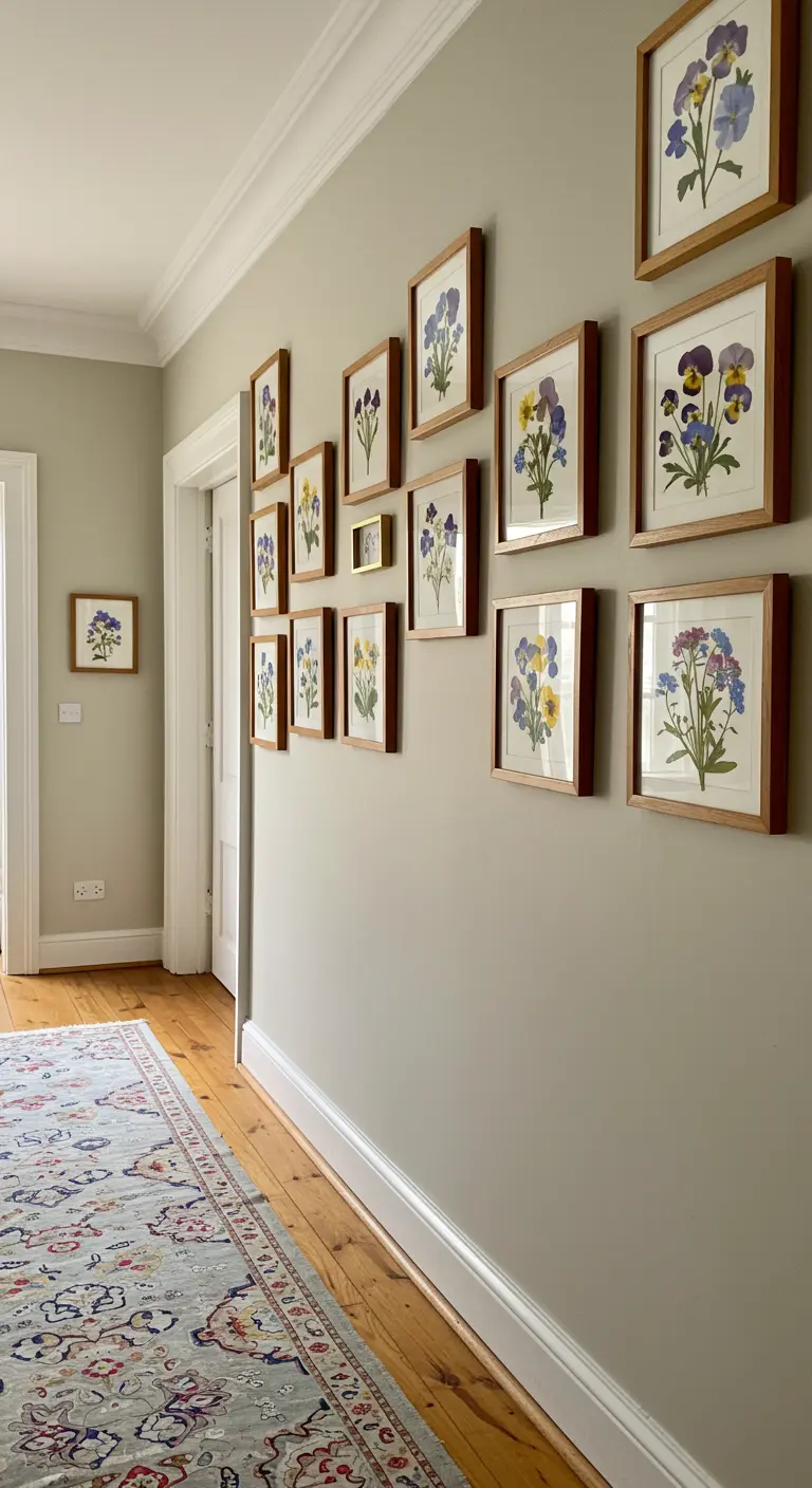 Un mur de galerie avec plusieurs cadres en bois contenant des fleurs pressées.