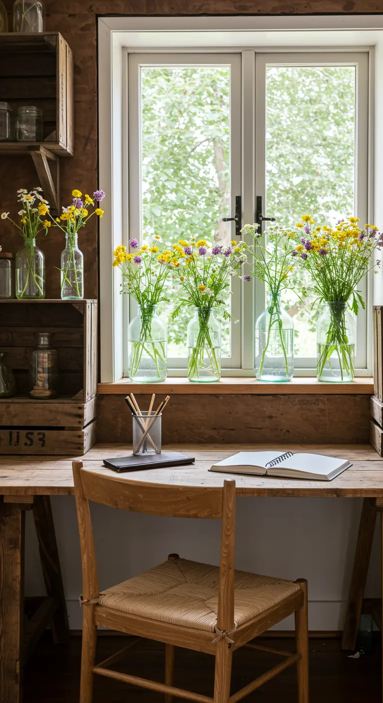 Bureau en bois rustique devant une fenêtre bordée de vases remplis de fleurs des champs.