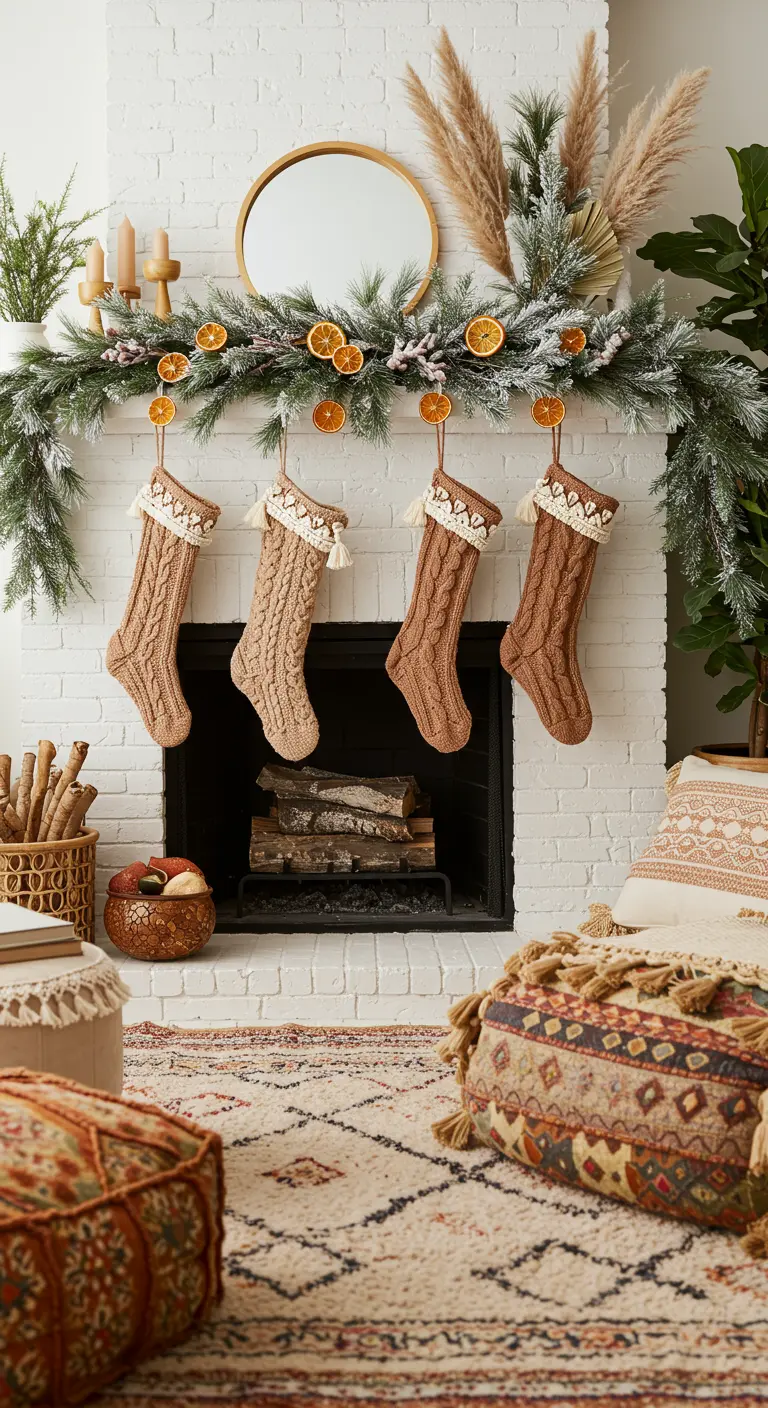 Cheminée bohème avec chaussettes terreuses, pampa et oranges séchées.