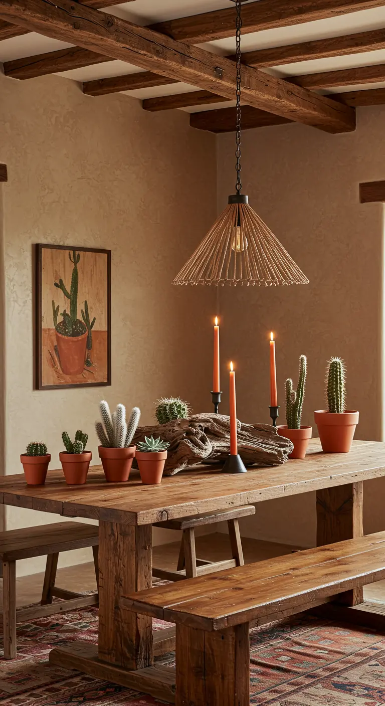 Centre de table d'inspiration désertique avec bois flotté, cactus et bougies terracotta.