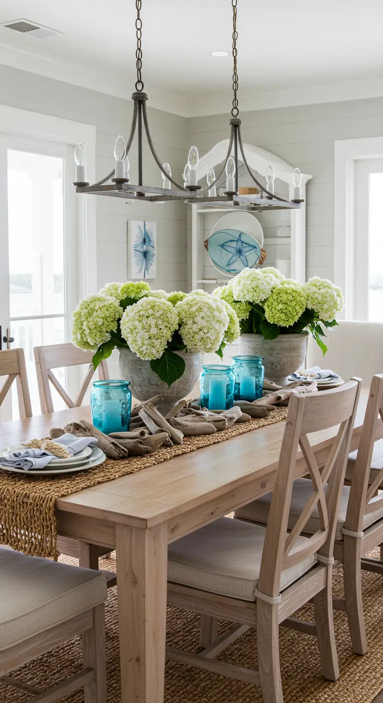 Table estivale avec bouquets d'hortensias, bois flotté et photophores bleus.