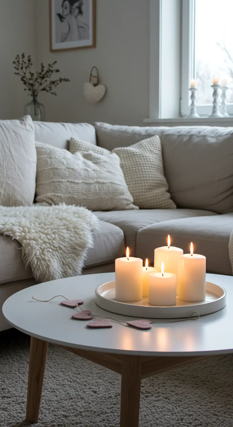 Un salon scandinave avec un canapé beige et des bougies blanches sur la table basse.