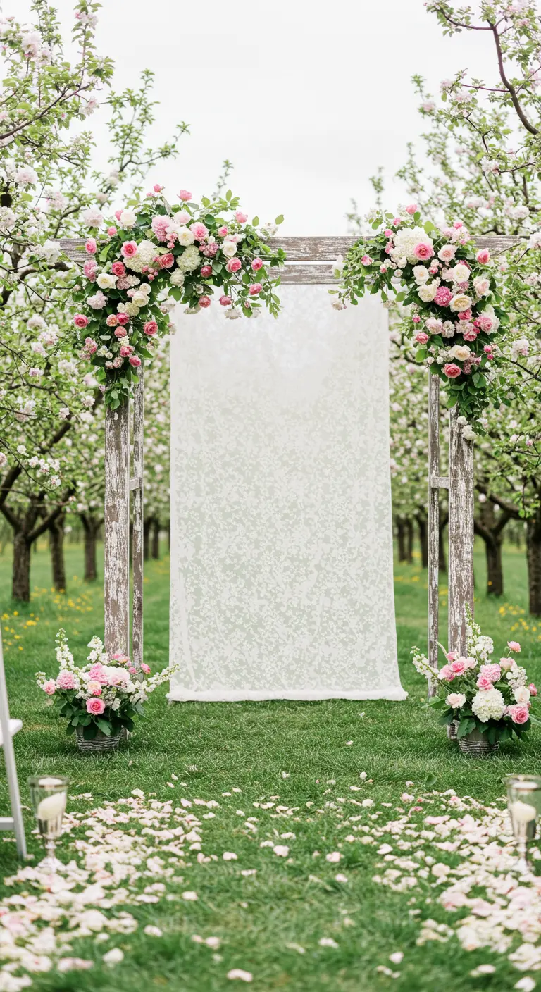 Arche en bois blanc dans un verger en fleurs, avec un fond en dentelle.