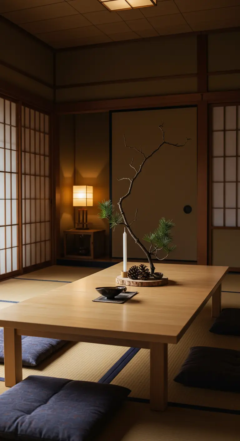 Centre de table minimaliste d'inspiration japonaise avec une branche, une bougie et des pommes de pin.