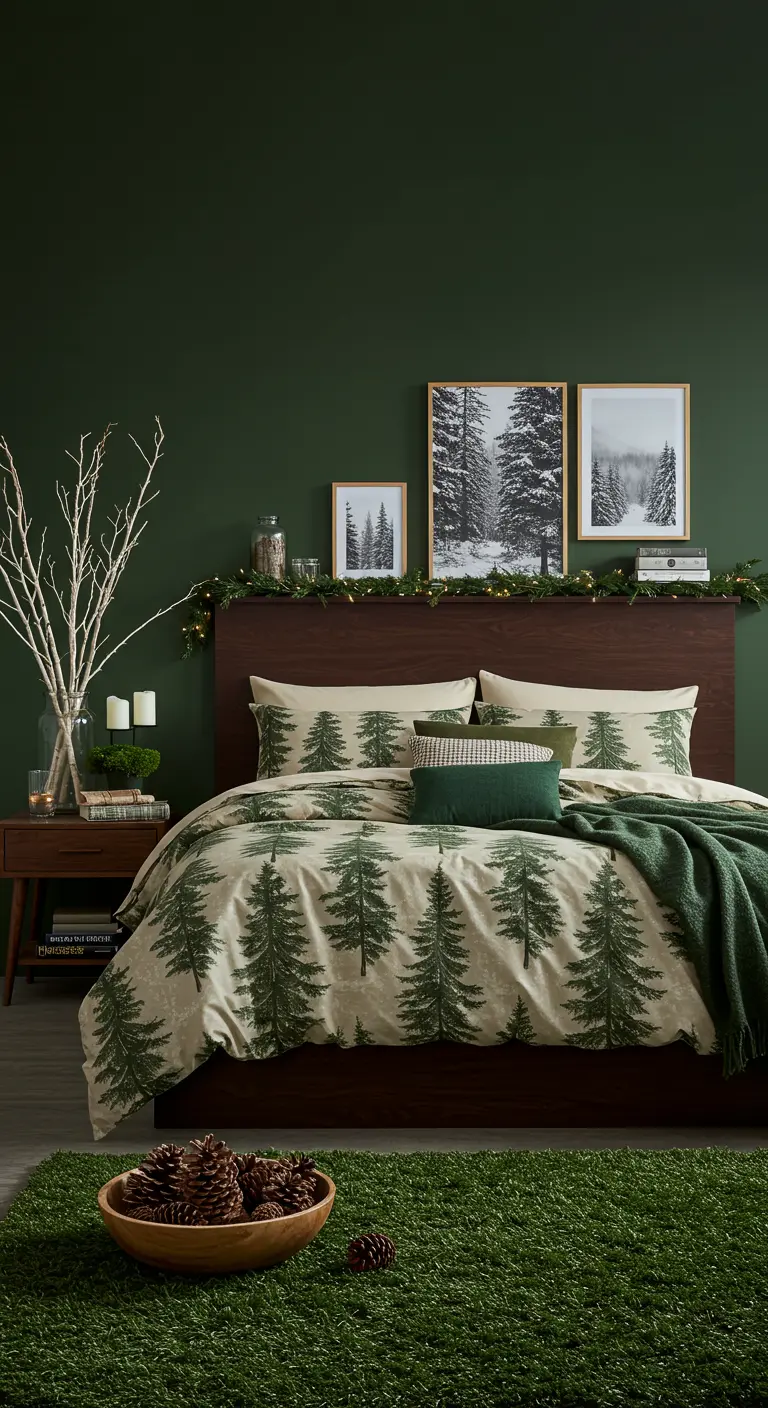 Chambre avec un mur vert foncé, du linge de lit à motifs de sapins et des décorations naturelles.