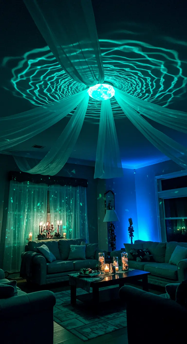 Salon baigné dans une lumière turquoise projetant des motifs de vagues sur le plafond et les voilages.
