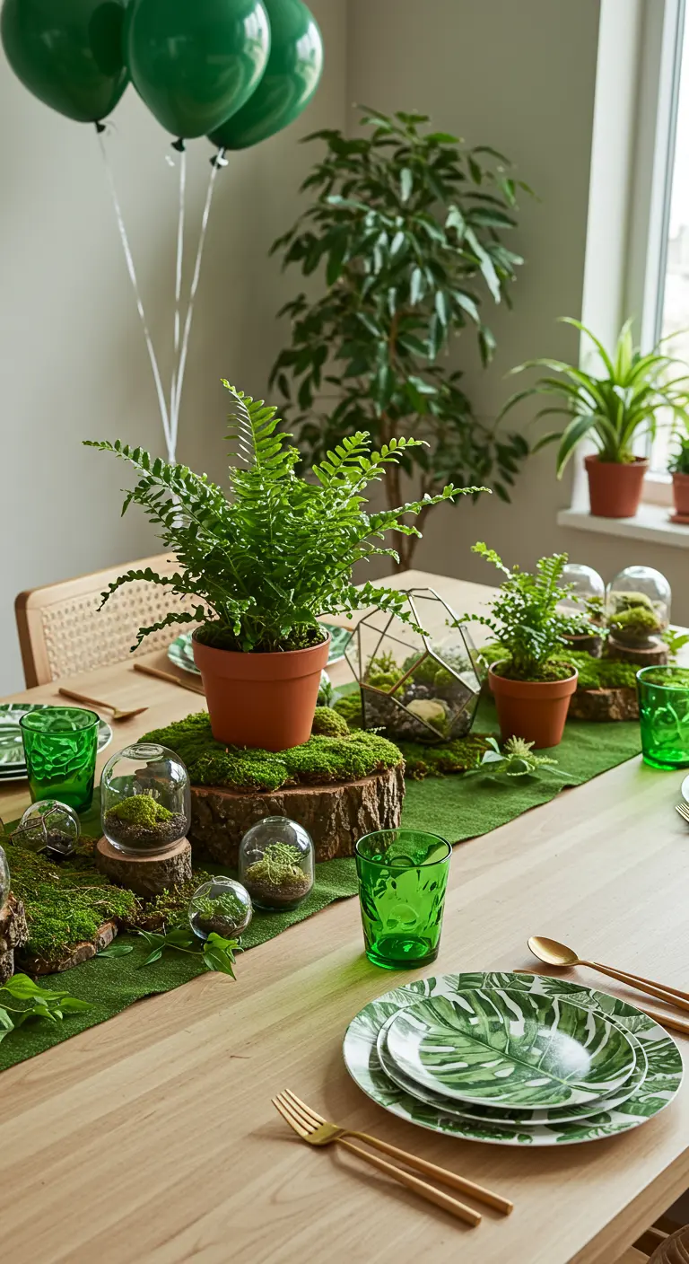 Table de fête sur le thème de la jungle avec de la mousse, des fougères et de la vaisselle à motifs.