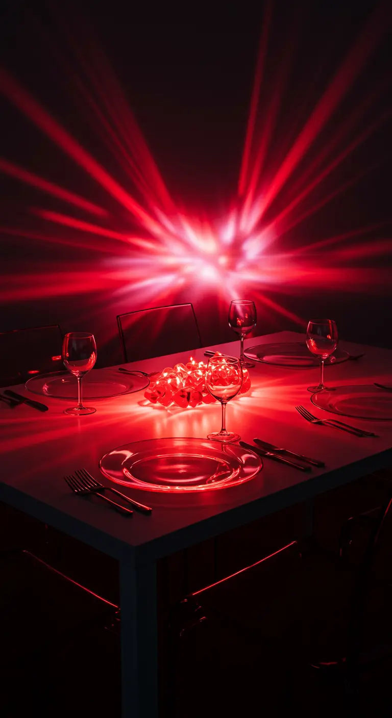 Table de dîner éclairée par une guirlande lumineuse rouge au centre.