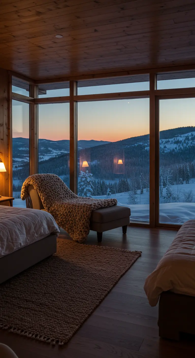 Chaise longue recouverte d'un plaid en grosse maille, placée devant une immense baie vitrée donnant sur un paysage enneigé.