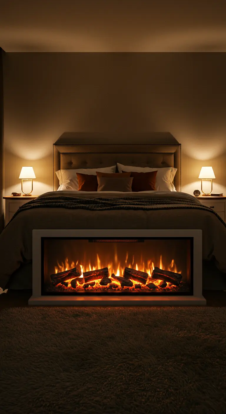 Vue depuis un lit vers une cheminée électrique moderne posée au sol, créant une ambiance chaleureuse.