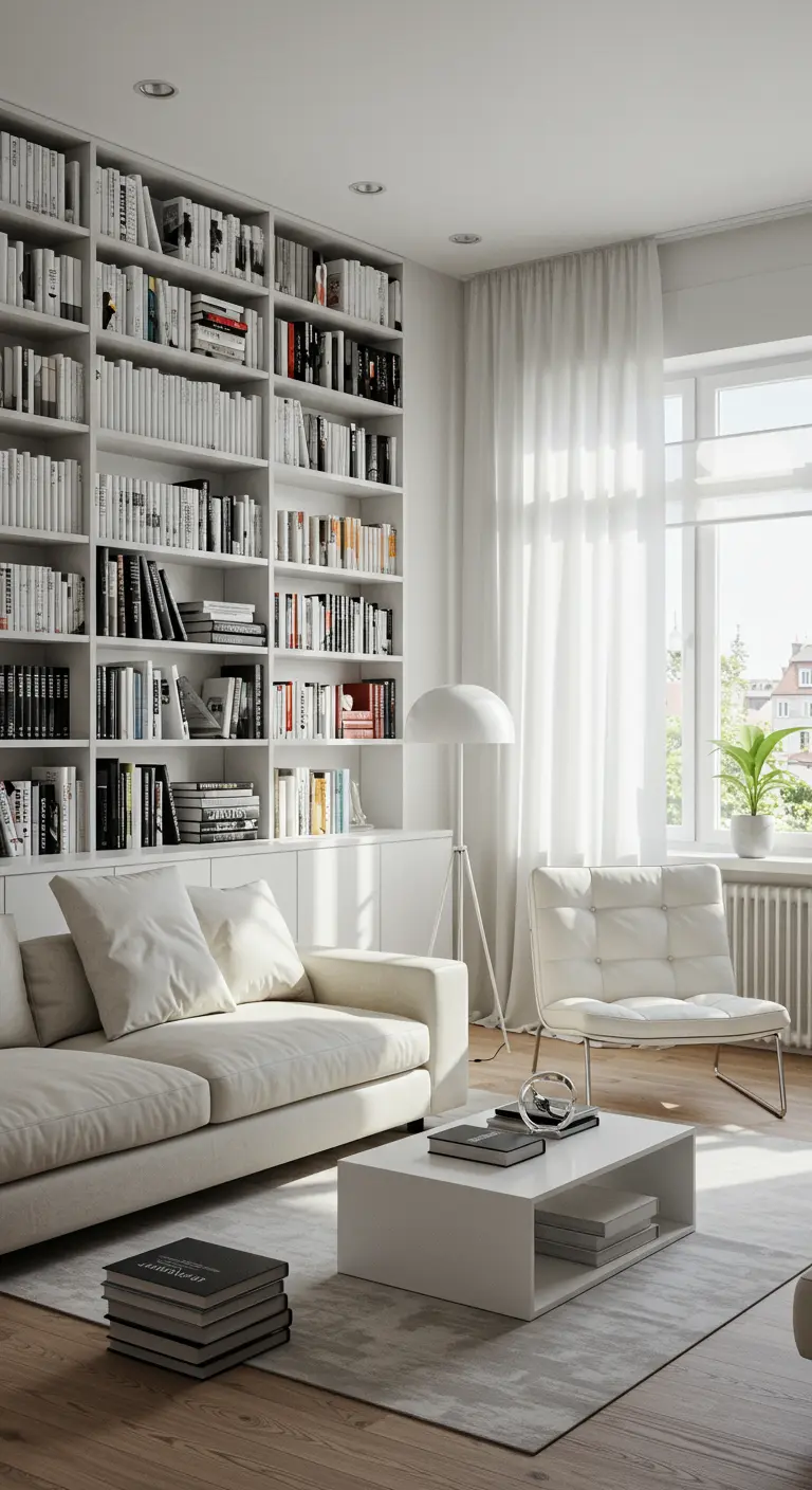 Salon avec un grand mur de bibliothèque blanc et un mobilier assorti