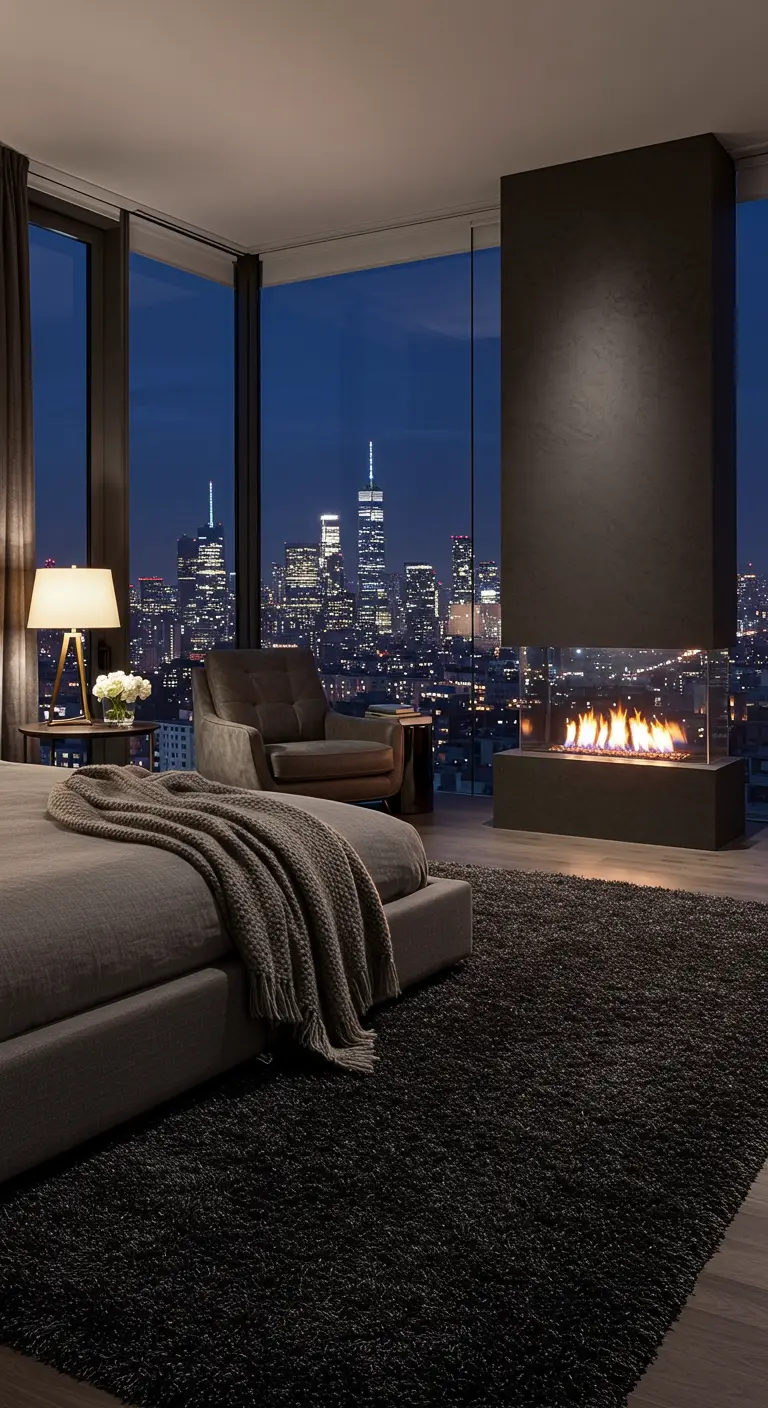 Chambre moderne avec une cheminée vitrée design, un grand tapis gris foncé et une vue sur la ville.