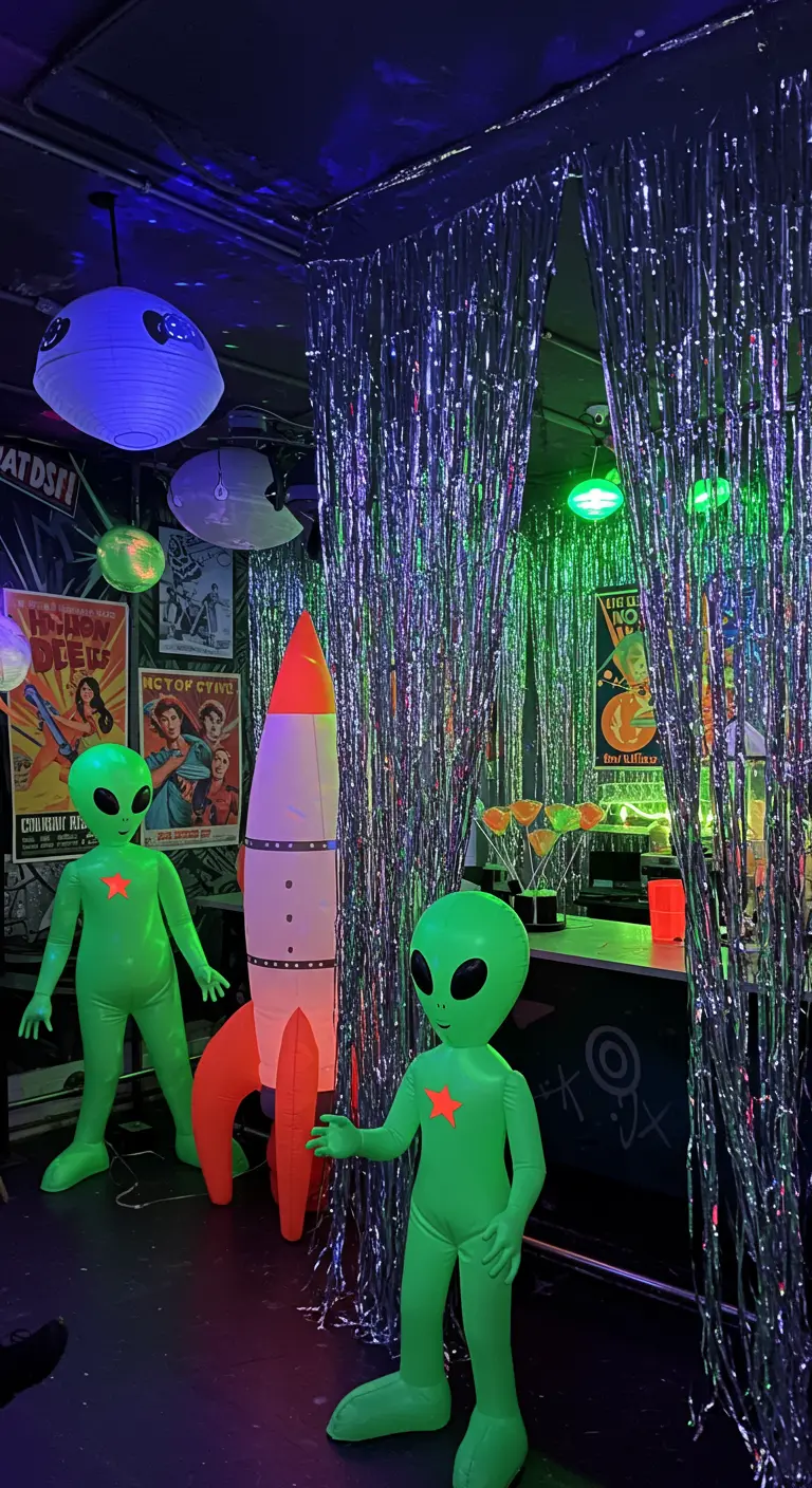 Fête sur le thème des aliens avec des rideaux argentés et des OVNI.
