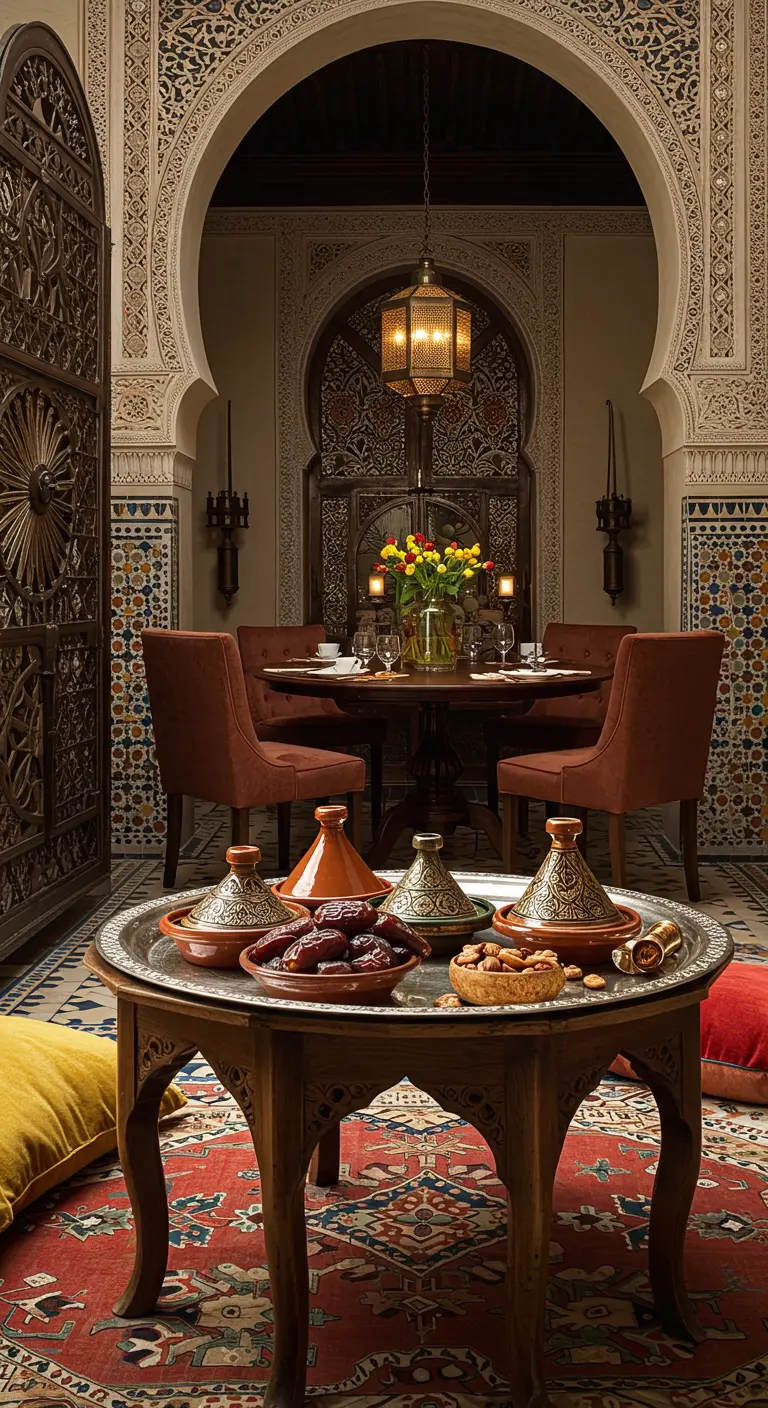 Un plateau en métal avec des tajines, des dattes et des noix dans un décor marocain.