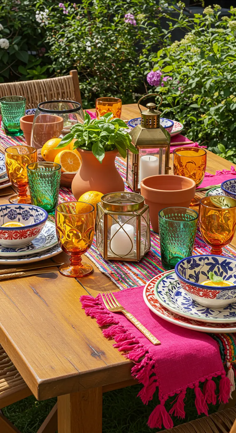 Table d'été colorée avec des lanternes, de la vaisselle vive et des agrumes.