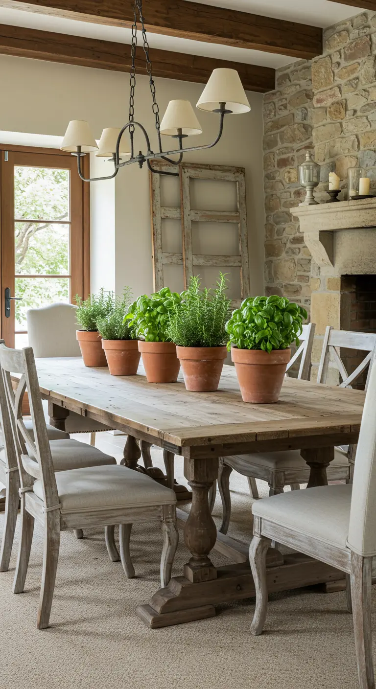 Une rangée de cinq pots en terre cuite contenant des herbes aromatiques fraîches.