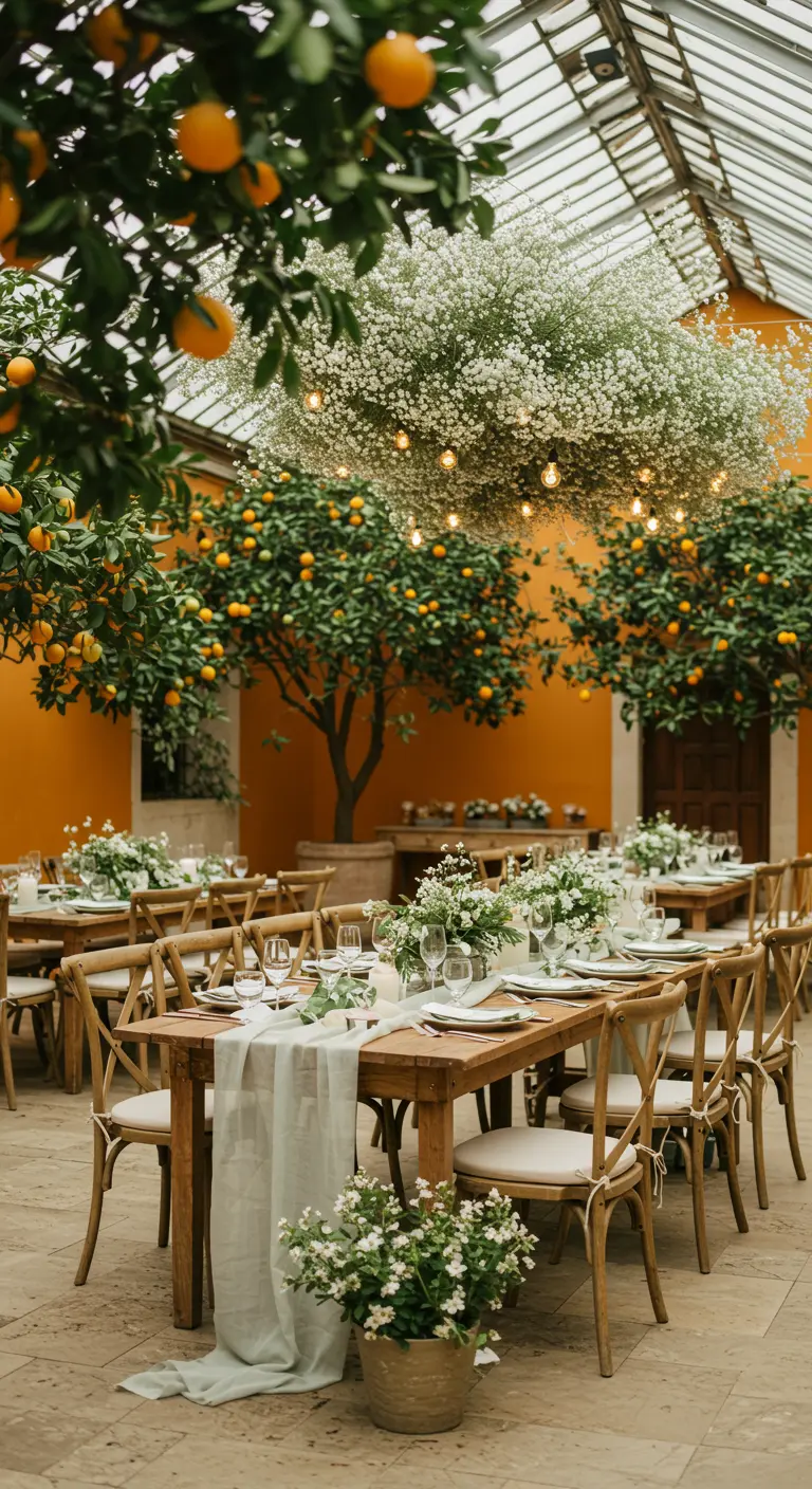 Réception de mariage dans une orangerie avec un arbre de gypsophile au centre.