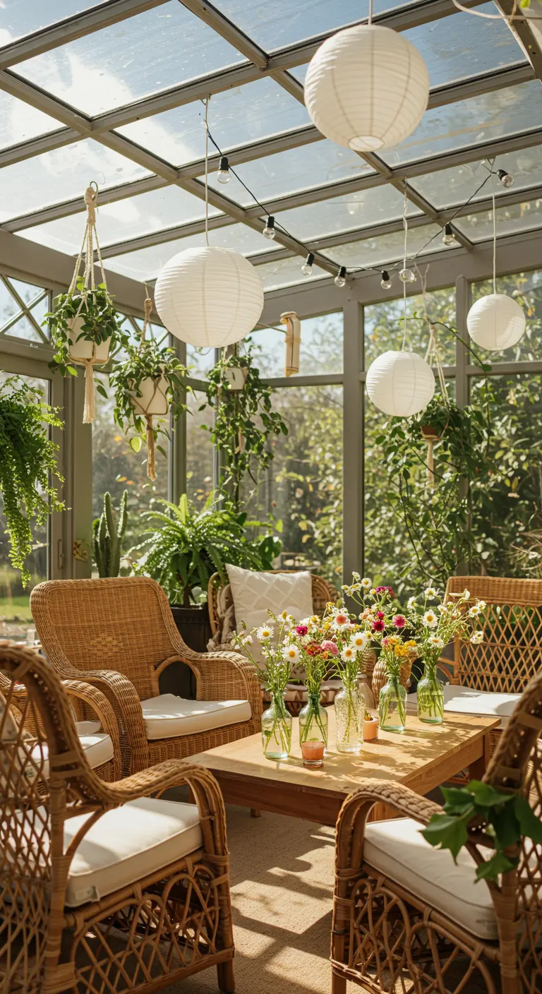 Une véranda lumineuse décorée de fauteuils en rotin et de lampions en papier.