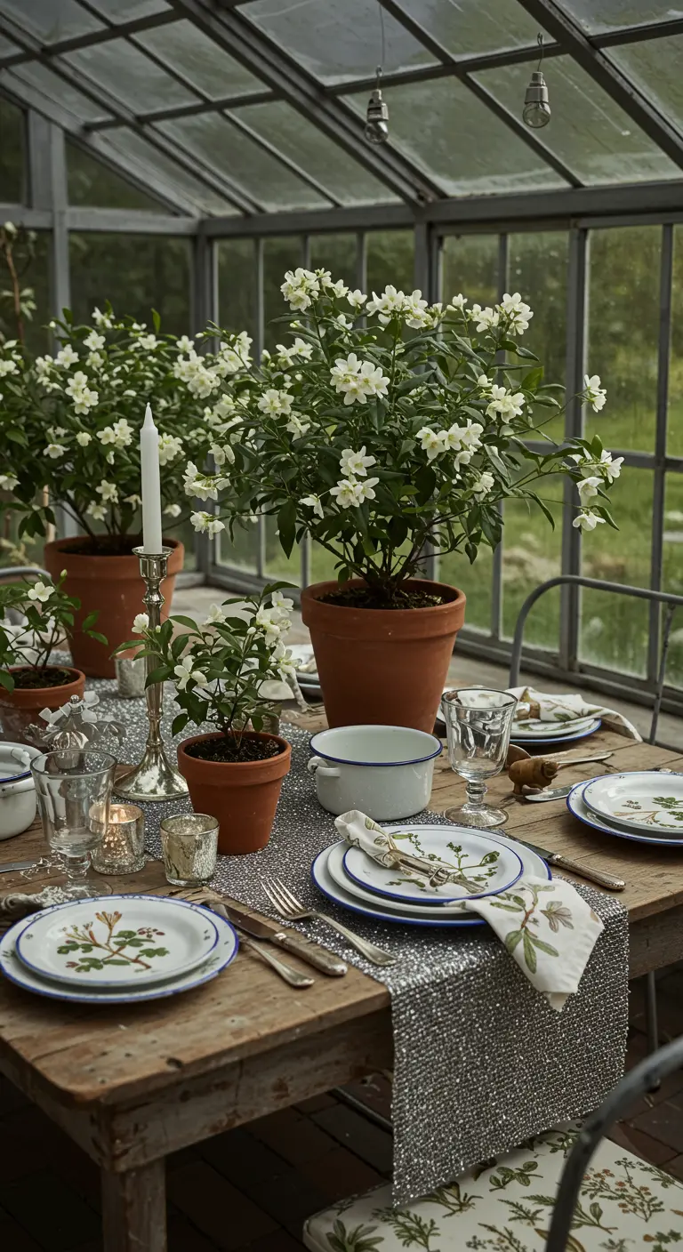 Table rustique dans une serre avec chemin de table argenté et plantes blanches en pot.
