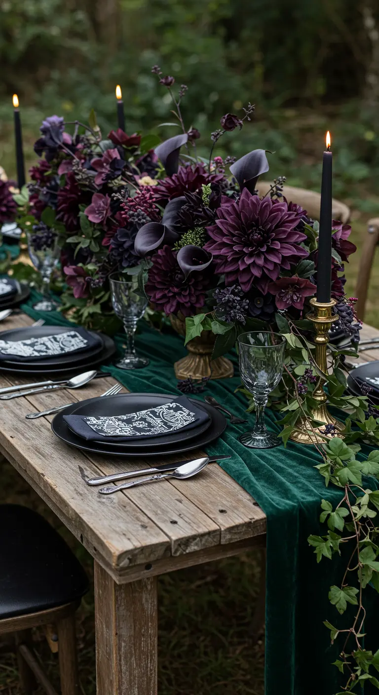 Table en bois avec un chemin de table en velours vert et un bouquet de fleurs sombres.
