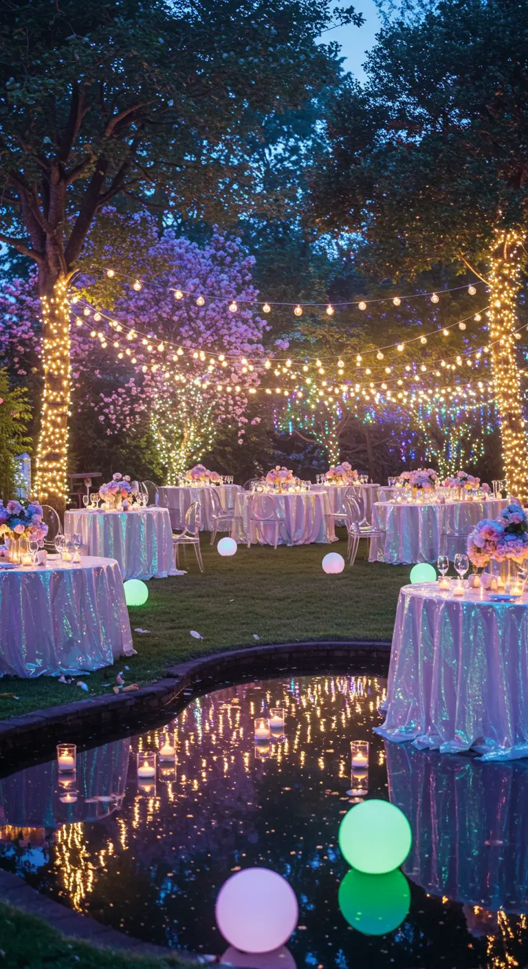Jardin de nuit illuminé par des milliers de guirlandes et des sphères lumineuses colorées.