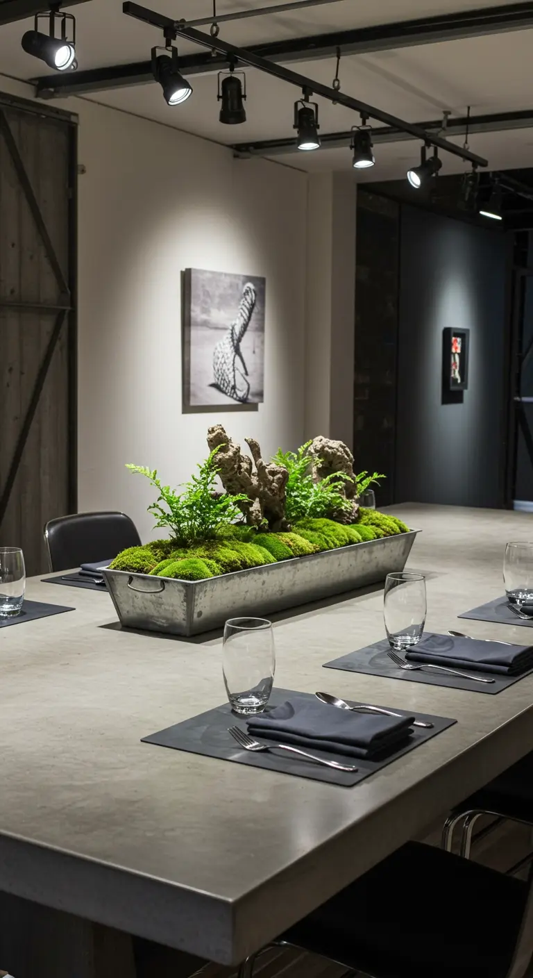 Longue jardinière en métal remplie de mousse et de fougères sur une table en béton.