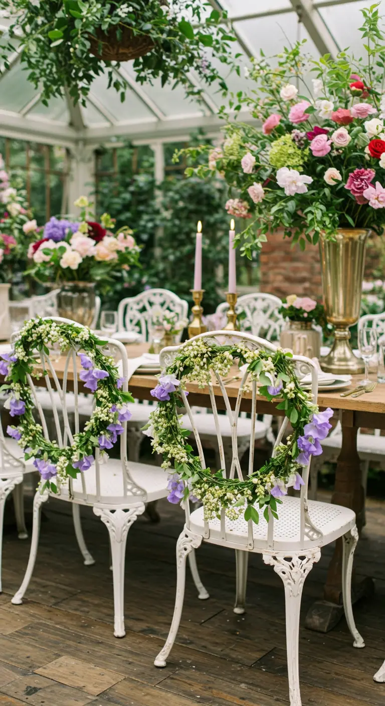 Chaises en fer forgé blanc ornées de couronnes de fleurs fraîches.