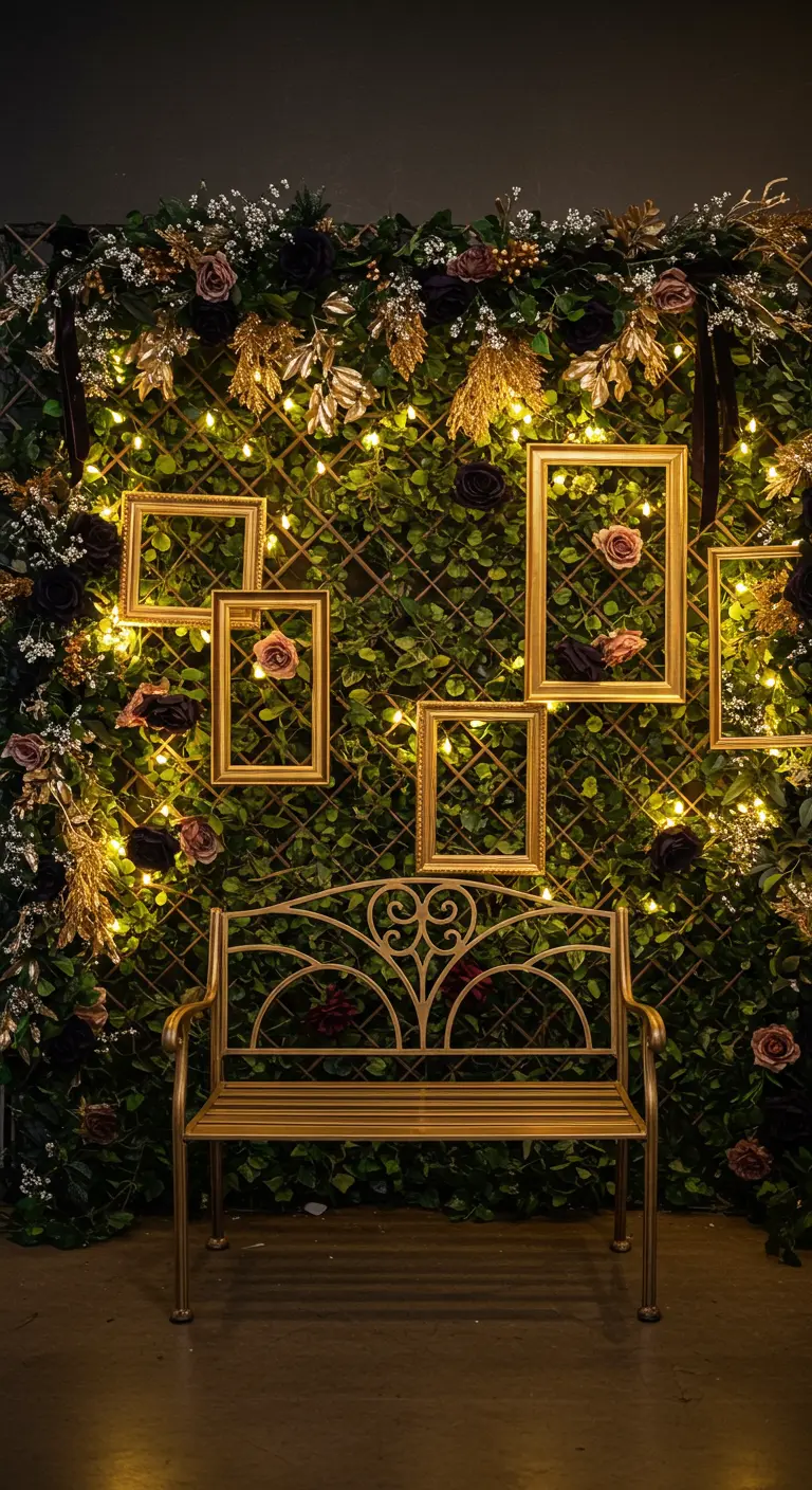 Mur végétal avec guirlandes lumineuses, cadres dorés et banc en métal.