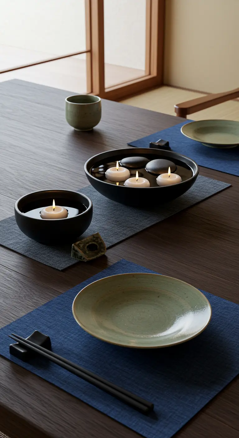 Bougies flottantes dans des bols noirs avec des galets sur une table en bois.