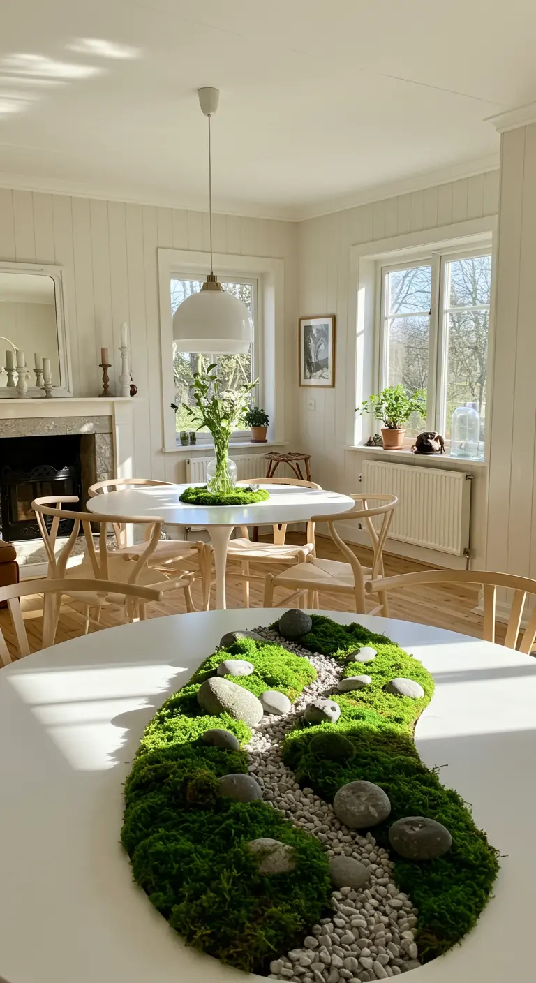 Un centre de table composé de mousse, de galets et de gravier formant un chemin.