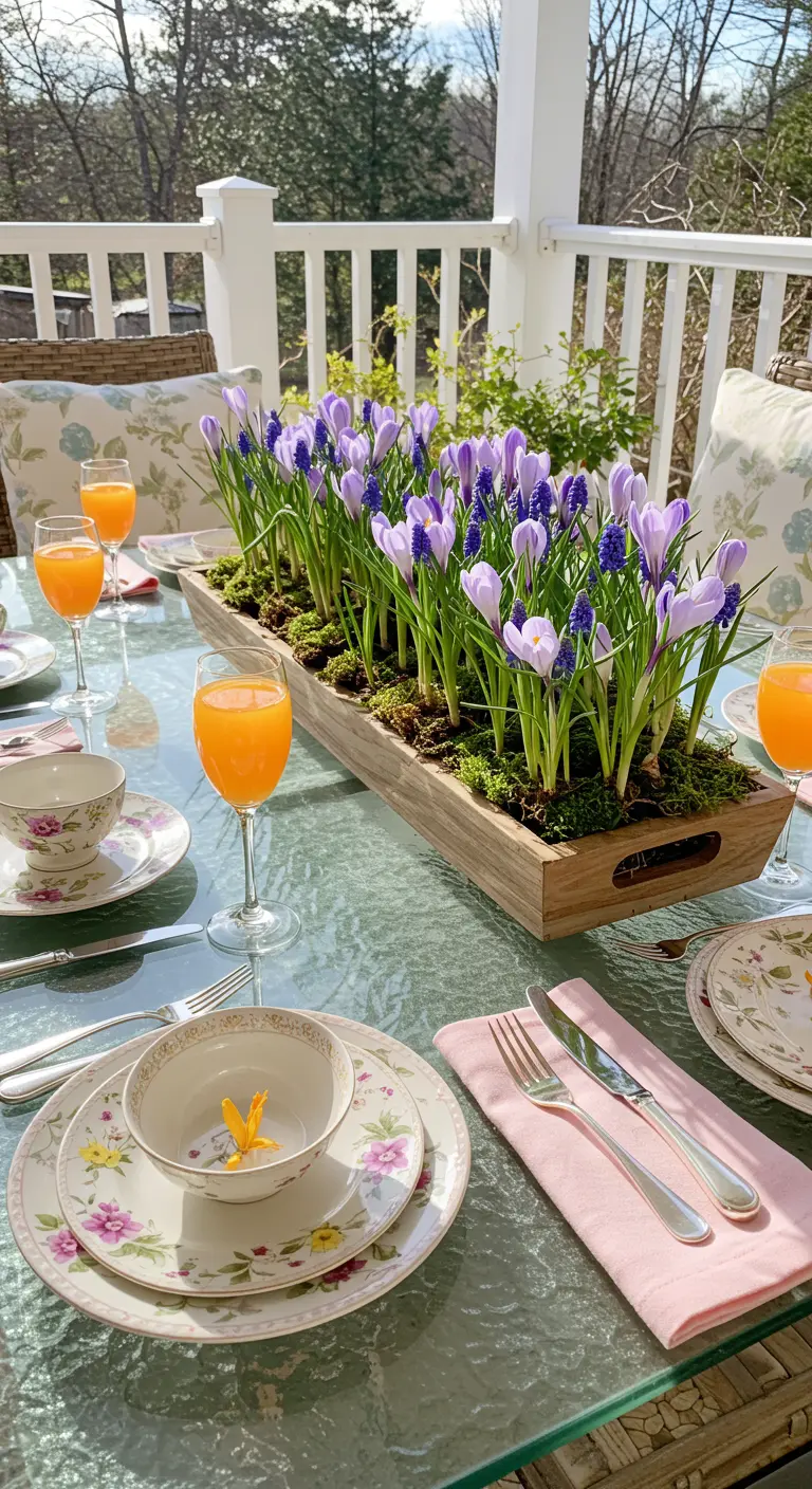 Jardinière en bois remplie de crocus et de muscaris violets sur une table en verre.