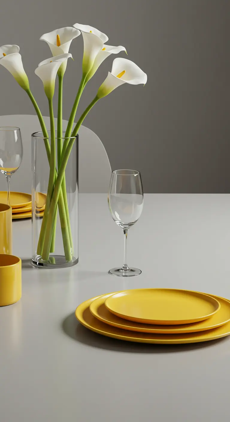 Vaisselle jaune vif sur une table grise minimaliste avec un vase d'arums.