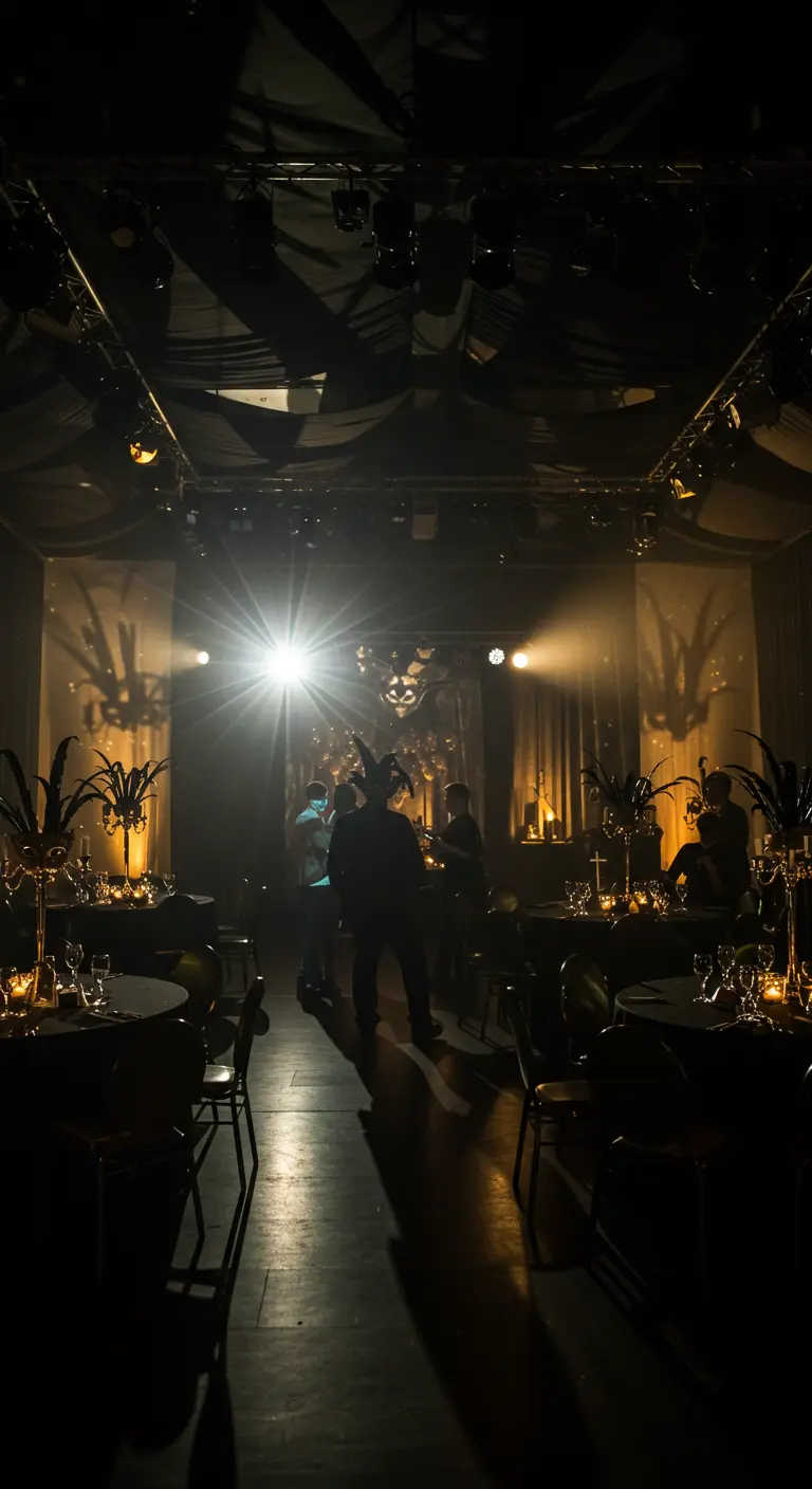 Ambiance de fête sombre avec un projecteur créant des silhouettes et des ombres.
