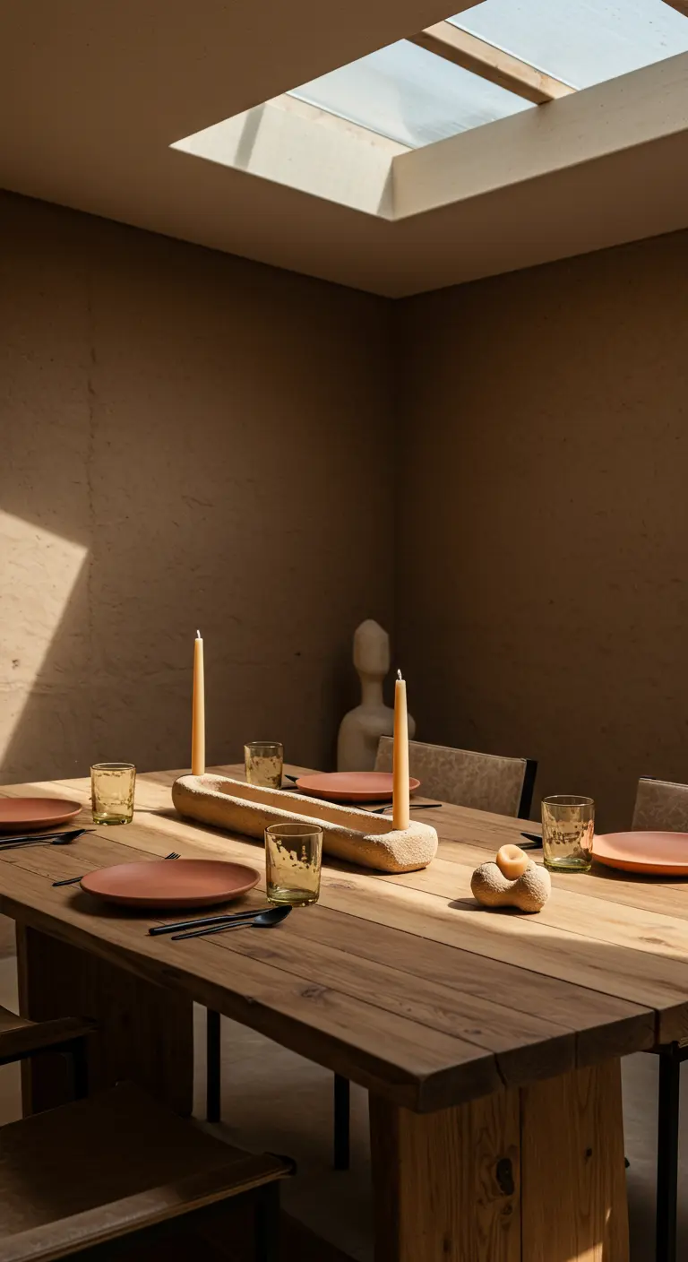 Table en bois rustique baignée de lumière naturelle, avec de la vaisselle terracotta.